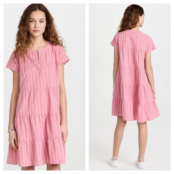 Roller Rabbit Every Stripe Pamela Dress Size M Popover Tiered Short Sleeve Pink - Picture 1 of 6